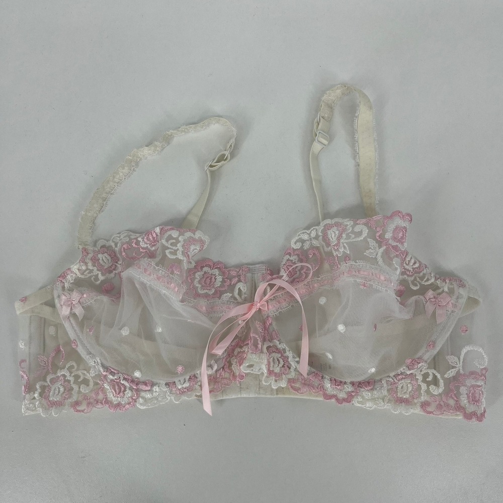 Jezebel Women White Pink Floral Embroidered Sheer Mesh Underwire Bra 36D 10427